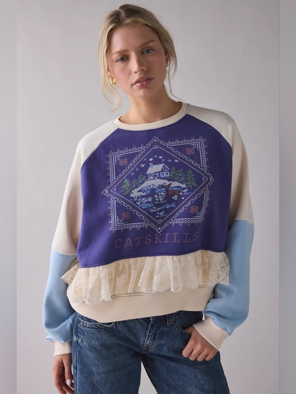 BDG Raven Crafty Lace Trim Patchwork Graphic Pullover NWOT